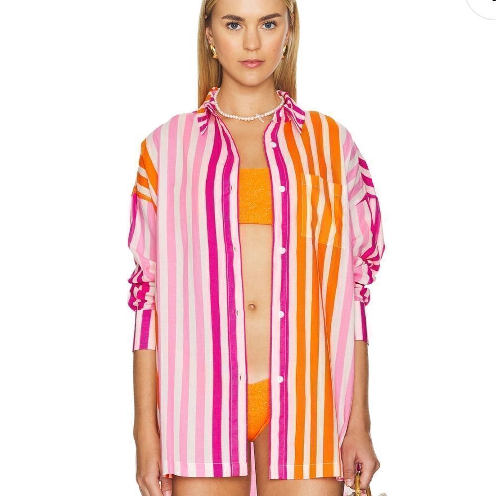 Beach Riot Pink and Orange Striped Button Down Shirt